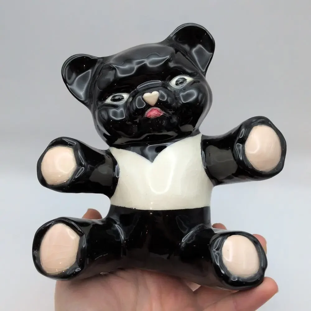 Vintage 1950s Black and White Ceramic Bear Figurine Heart Nose 6.15in